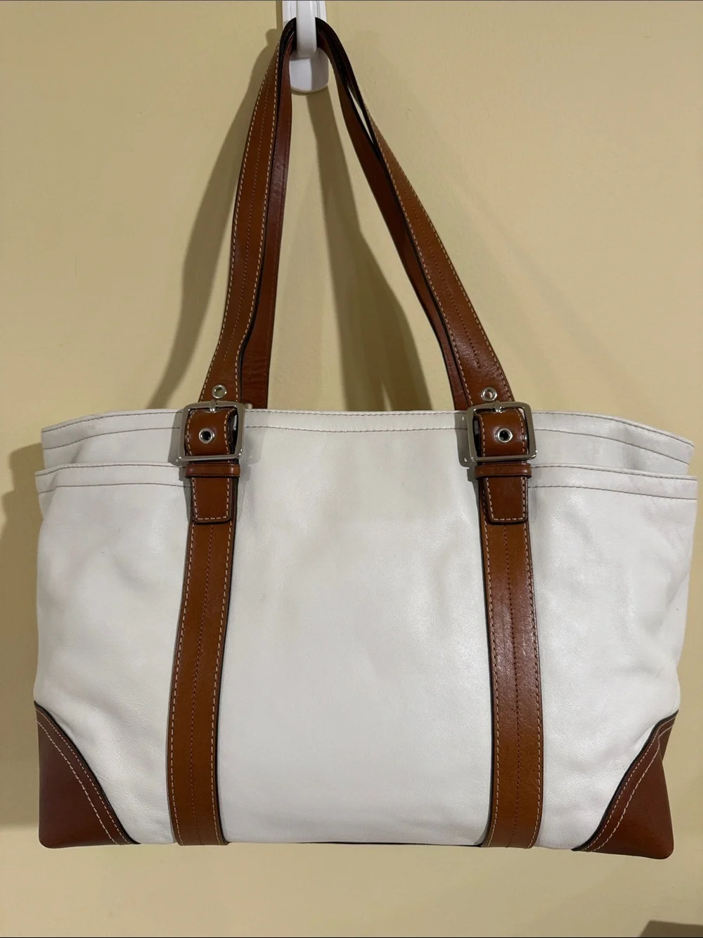 Coach White Leather Tote with Brown Trim and Straps Moms,work, Business Handbag